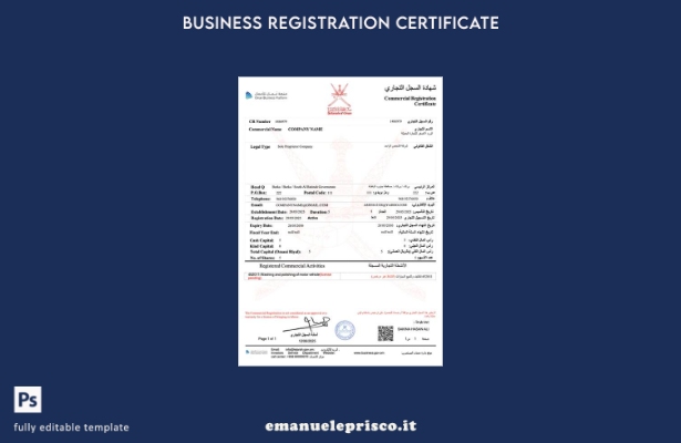 certificato di registrazione commerciale Oman stile verificato Modello Word e PD