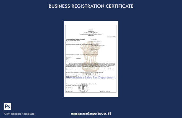certificato di registrazione dei contribuenti India Maharashtra in stile verific