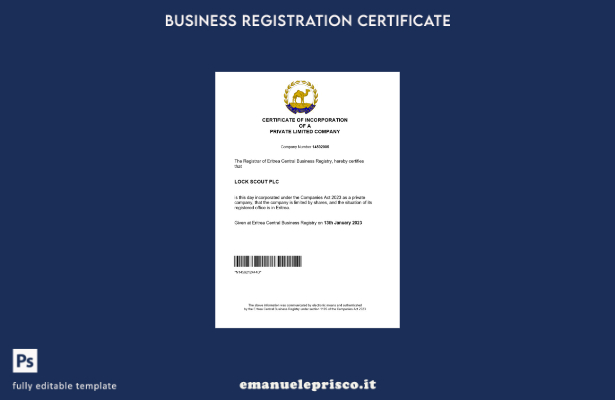 certificato di registrazione dell'Eritrea in stile verificato modello Word e PDF