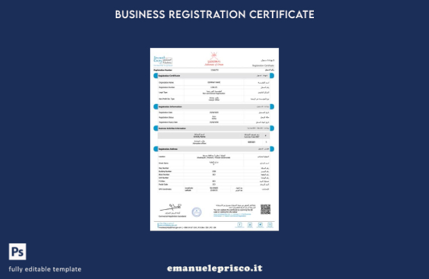 certificato di registrazione dell'Oman in stile verificato modello Word e PDF