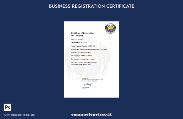 certificato di registrazione dell'azienda di Nauru in stile verificato modello W