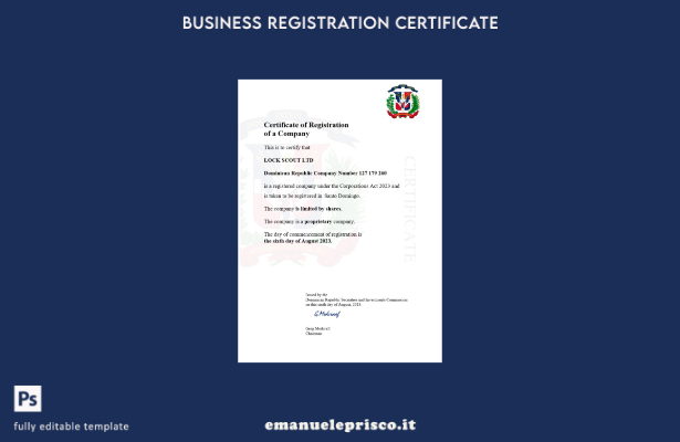 certificato di registrazione della Repubblica Dominicana in stile verificato. Mo