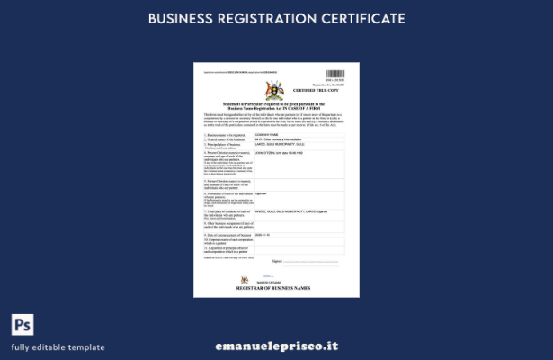 certificato di registrazione della ragione sociale dell'Uganda in stile verifica