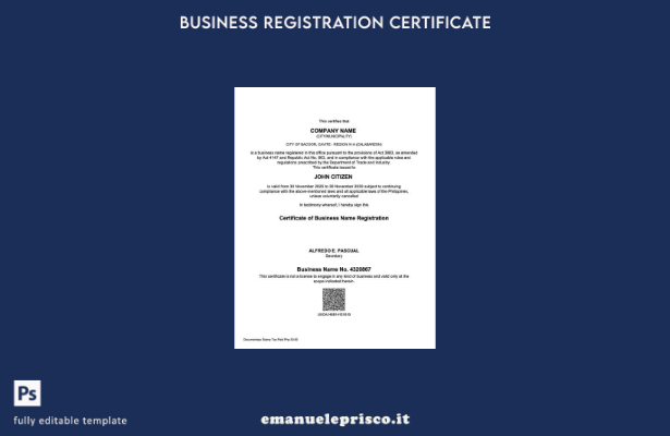 certificato di registrazione della ragione sociale delle Filippine in stile veri