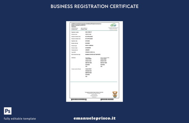 certificato di registrazione della società del Sud Africa in stile verificato. M