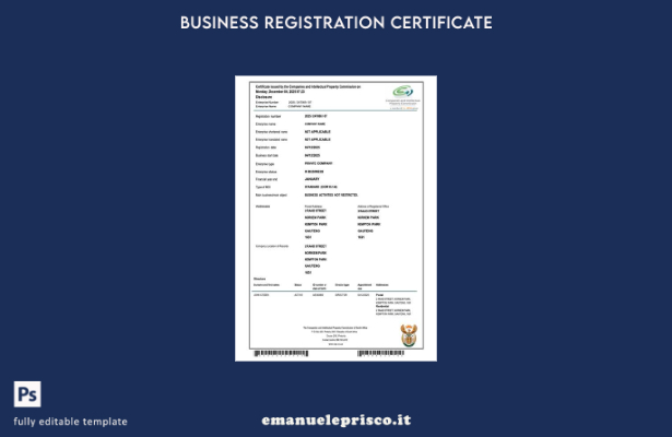 certificato di registrazione della società del Sudafrica in stile verificato, mo