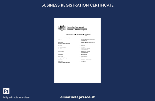 certificato di registrazione della società in stile verificato in Australia, mod