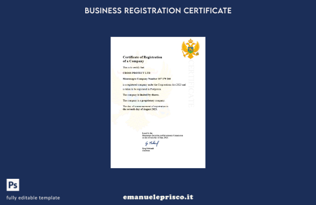 certificato di registrazione della società montenegrina in stile verificato mode