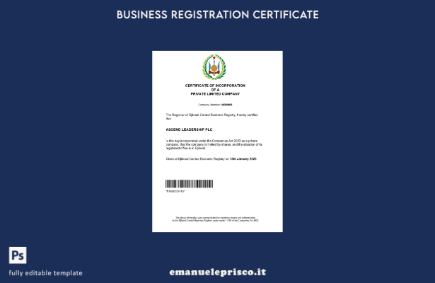 certificato di registrazione di Gibuti in stile verificato Modello Word e PDF