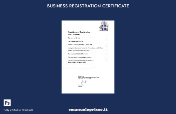 certificato di registrazione islandese in stile verificato. Modello Word e PDF