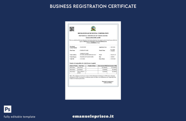 certificato provvisorio di licenza commerciale India Bhubaneswar stile verificat