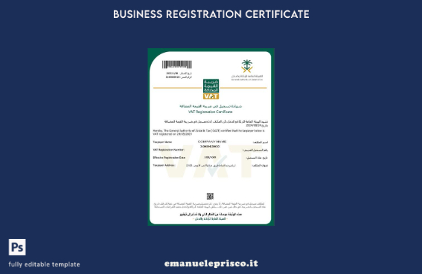 modello Word e PDF del certificato di registrazione IVA dell'Arabia Saudita in s