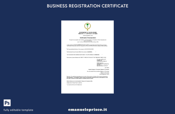 modello Word e PDF del certificato di registrazione aziendale dell'Arabia Saudit