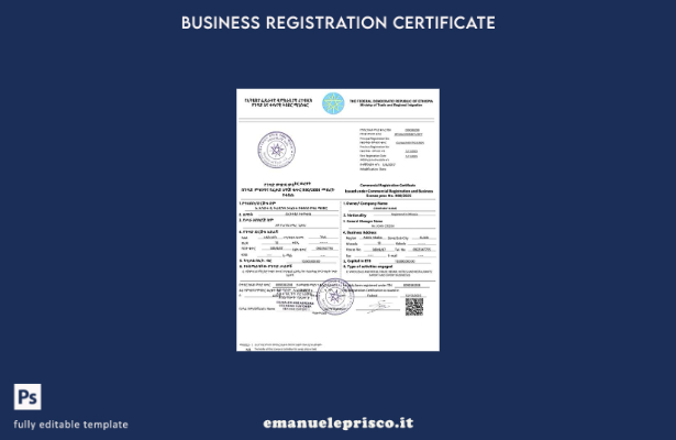 modello Word e PDF del certificato di registrazione commerciale dell'Etiopia in