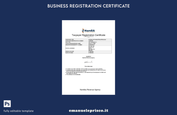modello Word e PDF del certificato di registrazione del contribuente della Namib