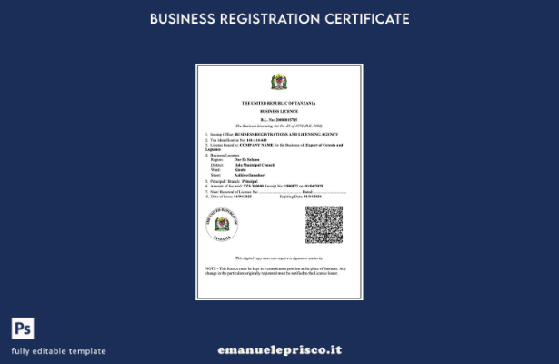 modello Word e PDF di licenza commerciale Tanzania in stile verificato