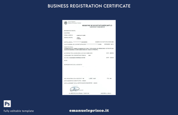 modello di certificato di registrazione aziendale di Andorra in stile verificato