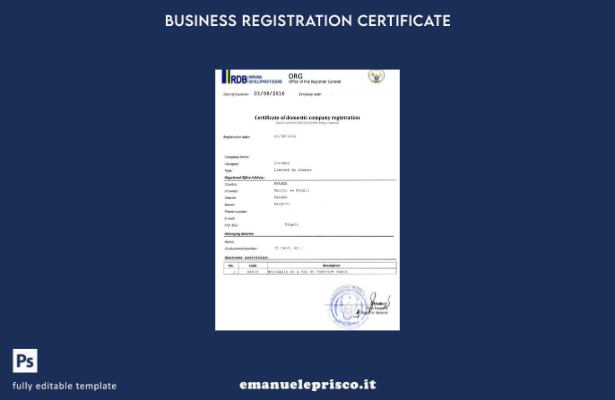 modello di certificato di registrazione della società nazionale in stile verific