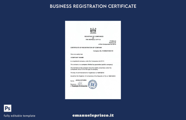 modello di certificato di registrazione delle Fiji in stile verificato