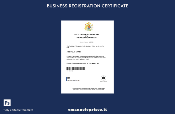 modello di registrazione del certificato di incorporazione in stile verificato p