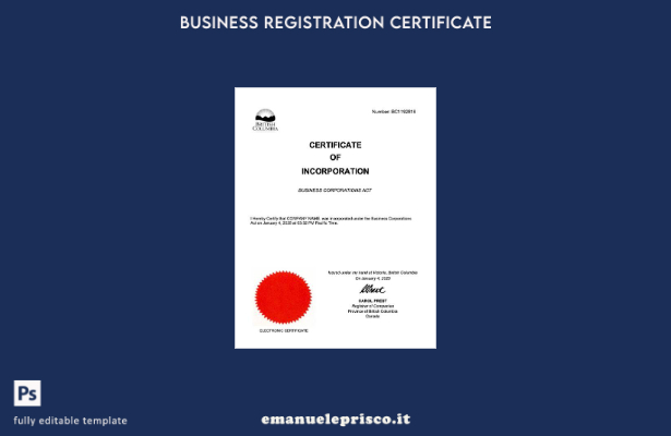 stile verificato Certificato di incorporazione della Columbia Britannica Modello