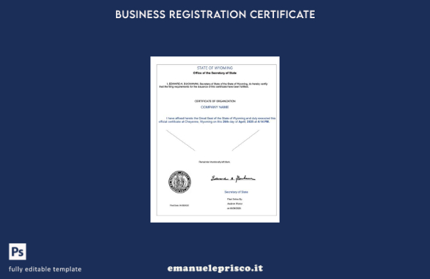 stile verificato Certificato di organizzazione USA Wyoming Modello Word e PDF