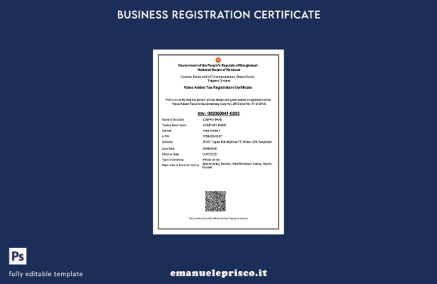 stile verificato Certificato di registrazione IVA Bangladesh Modello Word e PDF,