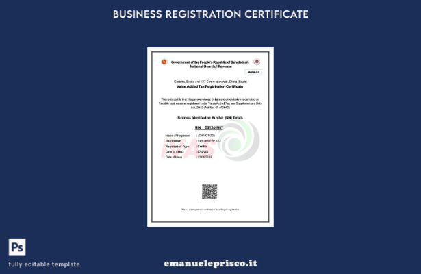 stile verificato Certificato di registrazione IVA Bangladesh Modello Word e PDF