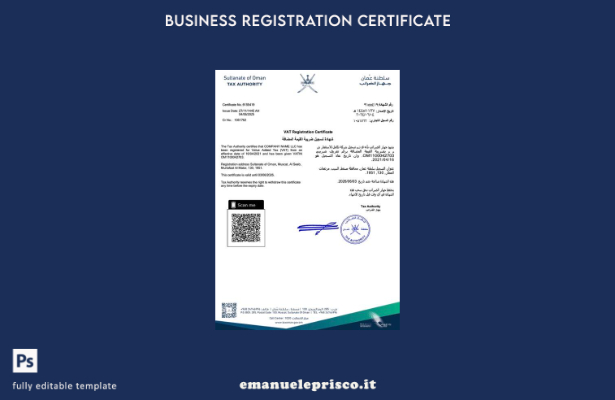 stile verificato Certificato di registrazione IVA Oman Modello Word e PDF
