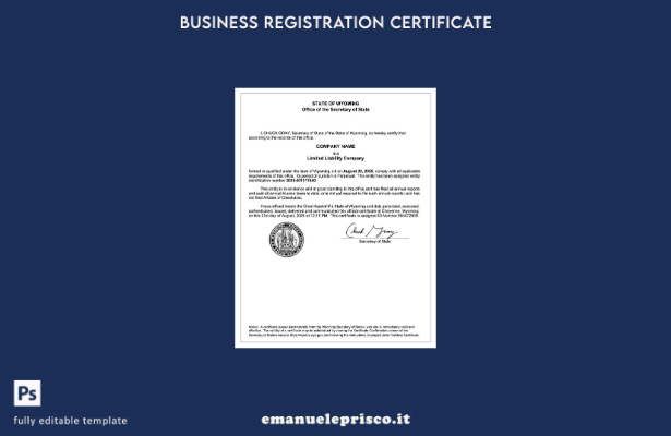 stile verificato Certificato di registrazione USA Wyoming Modello Word e PDF