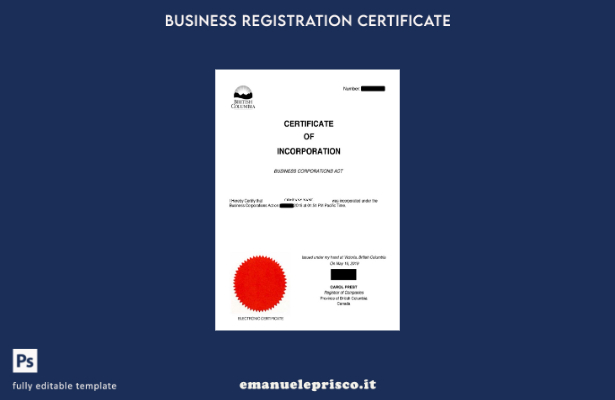 stile verificato Modello di certificato di incorporazione del Canada British Col