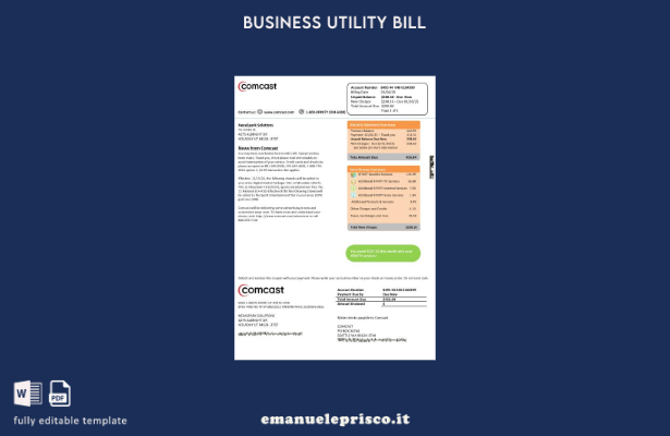 modello di versione della bolletta delle utenze aziendali Comcast USA Utah sti 1