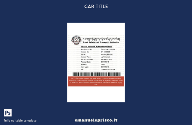 modello di certificato di immatricolazione del veicolo del Bhutan in stile verif