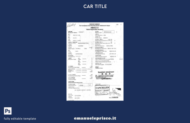modello di certificato di immatricolazione del veicolo di Hong Kong in stile ver