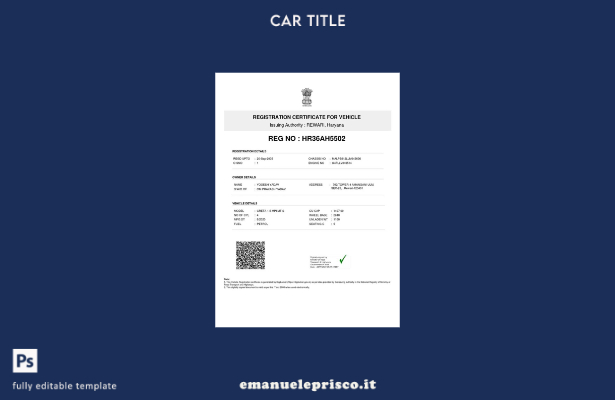 modello di certificato di immatricolazione del veicolo indiano in stile verifica