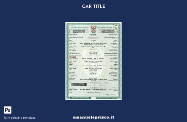 modello di certificato di immatricolazione di un veicolo a motore del Sud Africa
