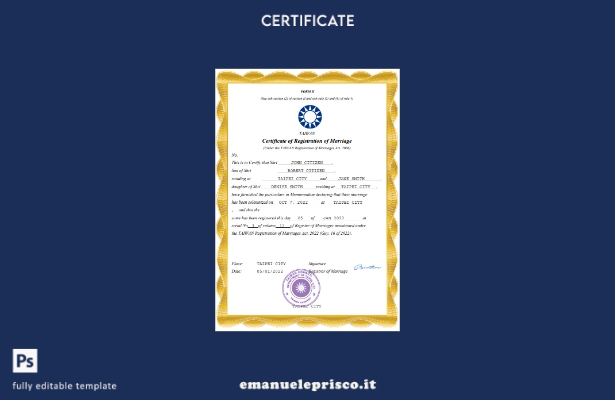 Certificato di matrimonio di Taiwan in stile verificato Modello Word e PDF