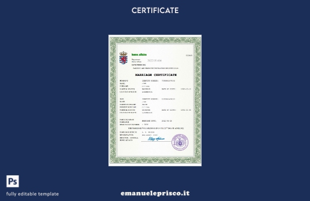 Certificato di matrimonio lussemburghese in stile verificato Modello Word e PDF
