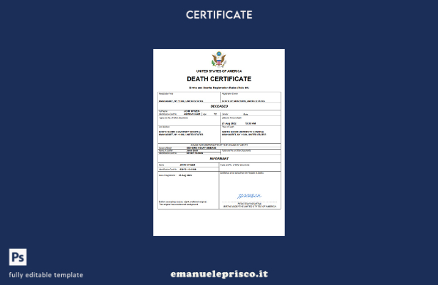 Certificato di morte di stato civile USA in stile verificato Modello Word e PDF