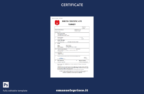 Certificato di nascita della Turchia in stile verificato nel modello in formato