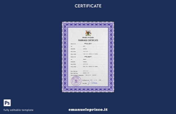 Modello PSD del certificato di matrimonio dell'Uganda in stile verificato