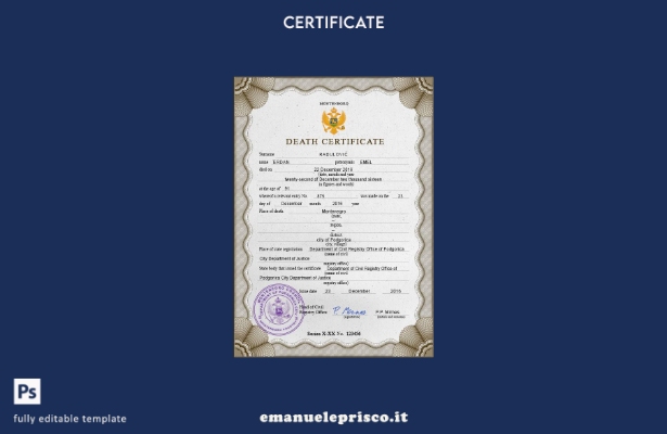 Modello PSD del certificato di morte dei documenti di stato civile del Montenegr