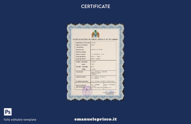 Modello PSD del certificato di morte del Gambia in stile verificato
