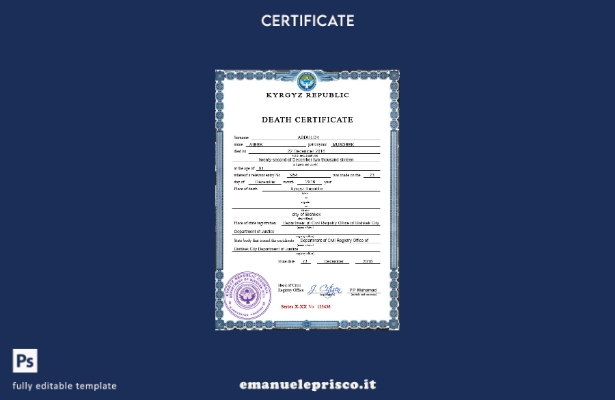 Modello PSD del certificato di morte del Kirghizistan in stile verificato