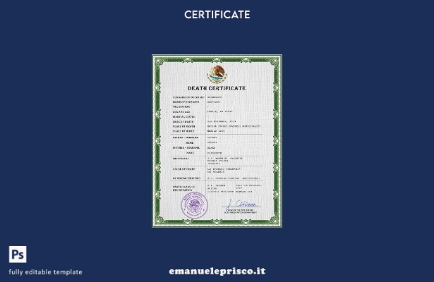 Modello PSD del certificato di morte del Messico in stile verificato