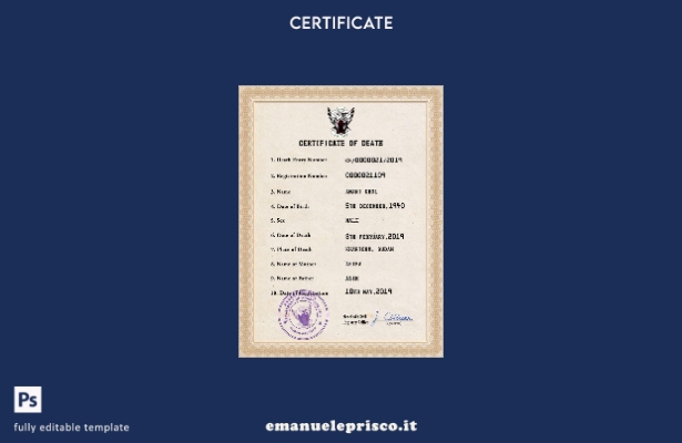 Modello PSD del certificato di morte del Sudan in stile verificato