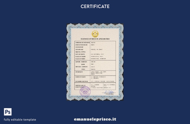 Modello PSD del certificato di morte del documento di stato civile dell'Afghanis