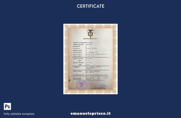 Modello PSD del certificato di morte del documento di stato civile della Colombi