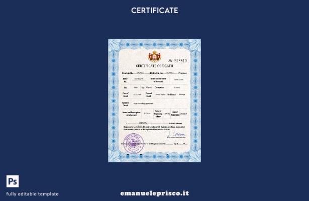 Modello PSD del certificato di morte del documento di stato civile di Monaco in