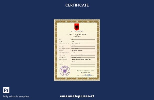 Modello PSD del certificato di morte dell'Albania in stile verificato